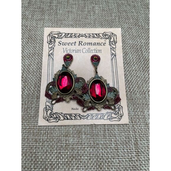 Vintage Sweet Romance Red Stone Drop Post Earrings Victorian Collection - Picture 1 of 3